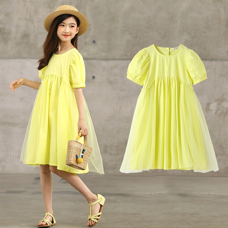 Hot Selling Summer Kids Girls French Style Solid Color Yellow Pure Cotton Short Sleeves Dress-0